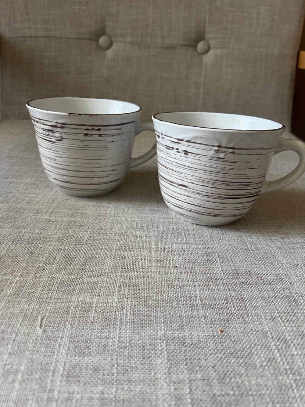 Pfaltzgraff White Mugs with Brown Distressed Stripe - Set of 2